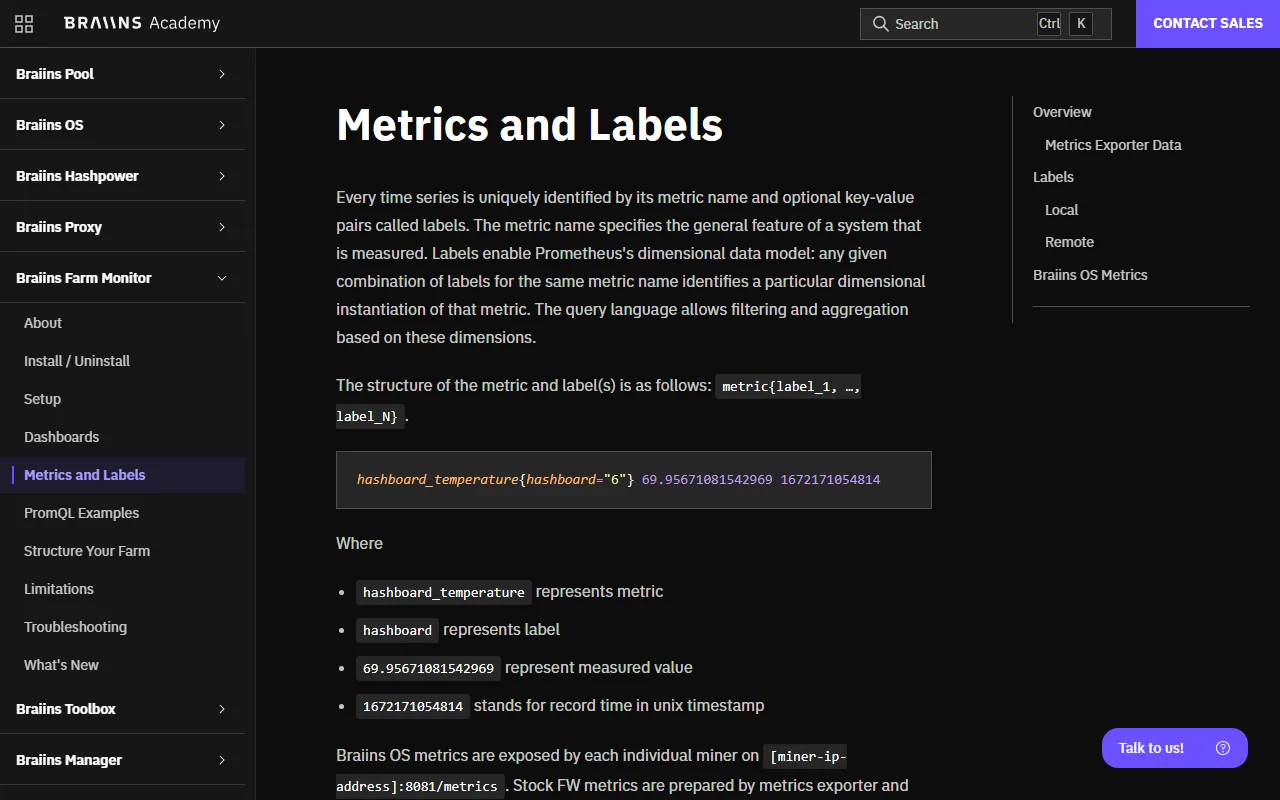 Braiins Farm Monitor 文件的 Metrics and Labels 頁面,顯示指標與 label 的格式範例以及 8081/metrics 位址