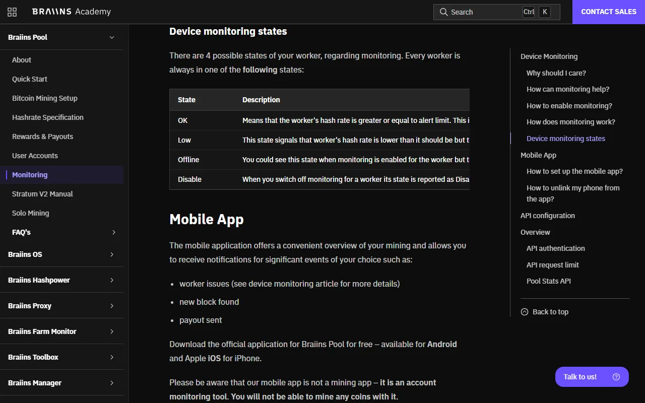 Braiins Pool 官方文件中的 Device monitoring states 表格,列出 OK、Low、Offline 與 Disable 四種狀態的說明