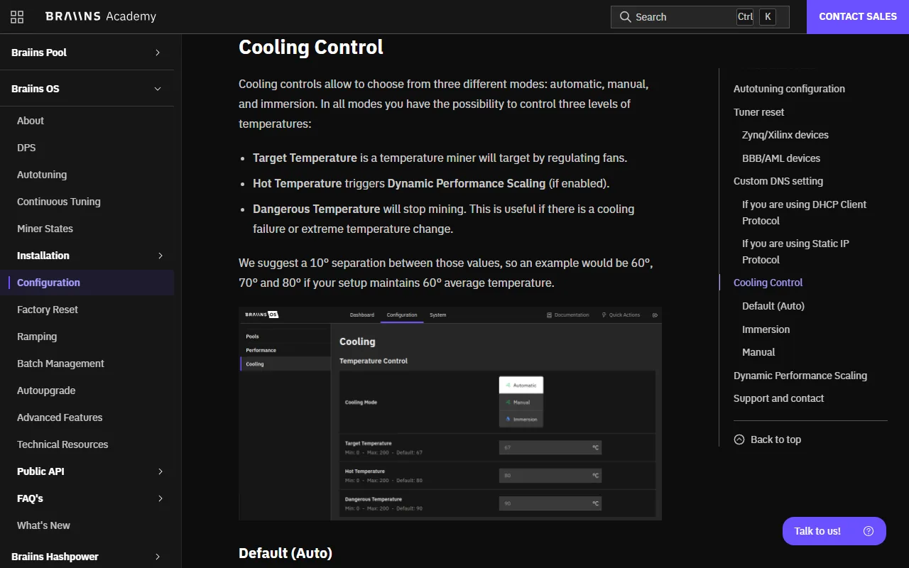 Braiins OS конфигурациясындағы Cooling Control бөлімі: Target, Hot және Dangerous температура өрістері мен әдепкі 67, 80, 90 мәндері көрсетілген